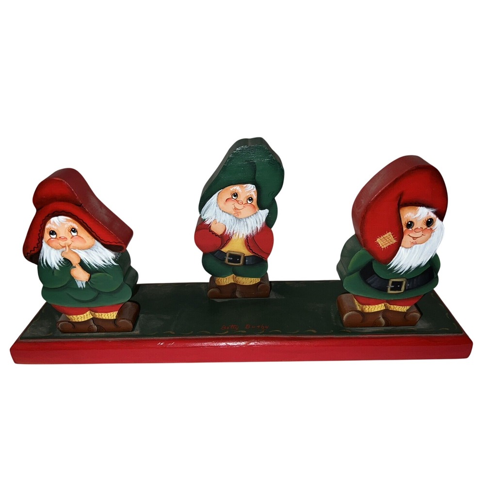 Jim's Splinter Shop Betty Busby Hand Painted Wood Gnome Trio Folk Art Figurine